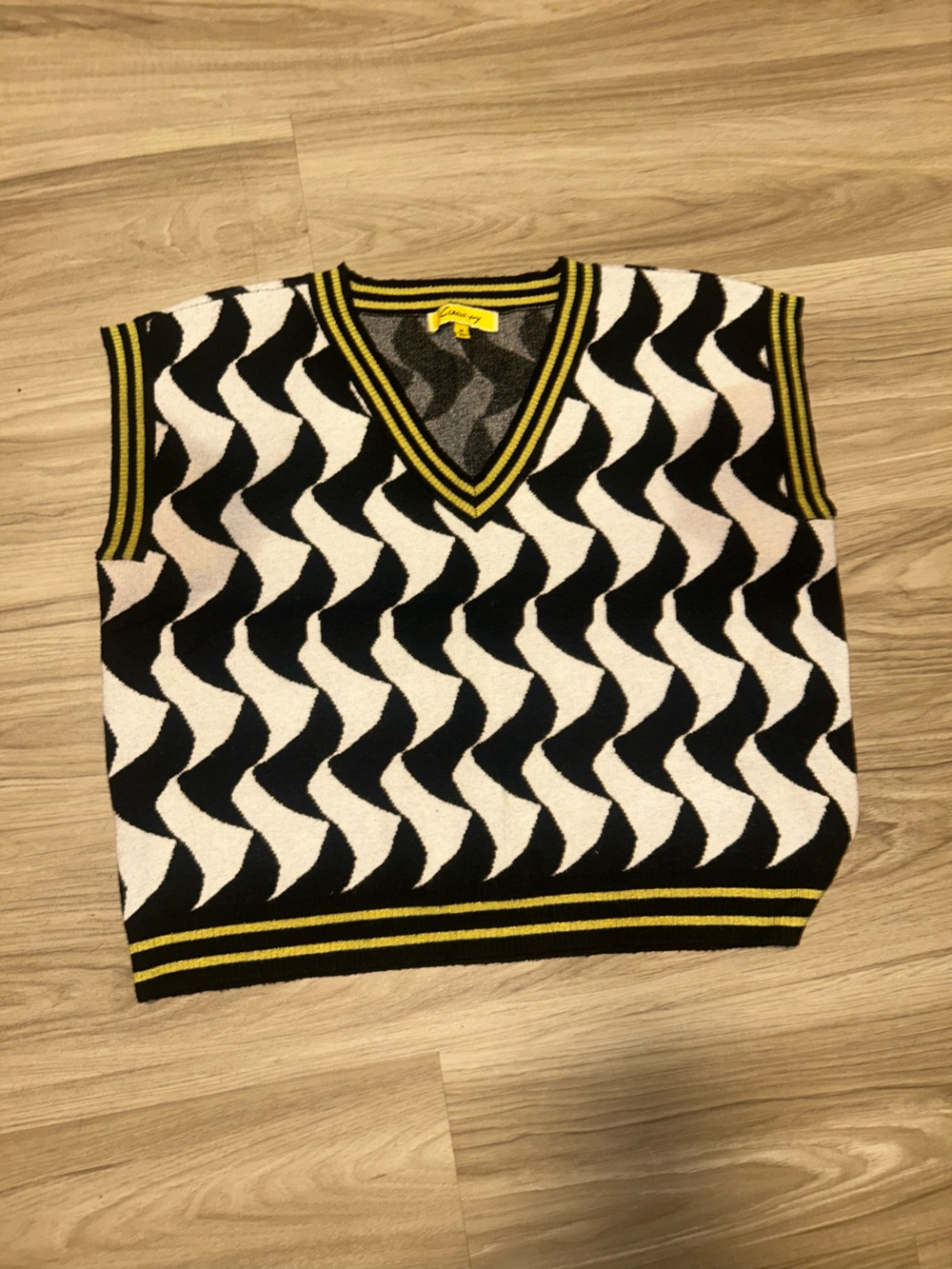 Black & White Patterned V-Neck Sweater Vest with Yellow Trim